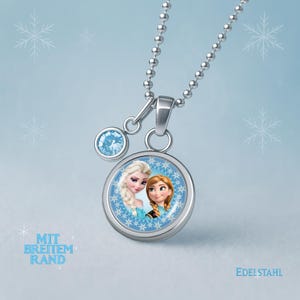 Edelstahl Halskette mit rundem Anhänger – Schneeflocken-Design, Anna und Elsa, Frozen, Eiskönigen, Geschenk,