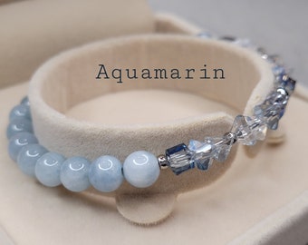 Monthly stone aquamarine bracelet with facet cut electroplating glass beads/stainless steel bracelet, gift, March