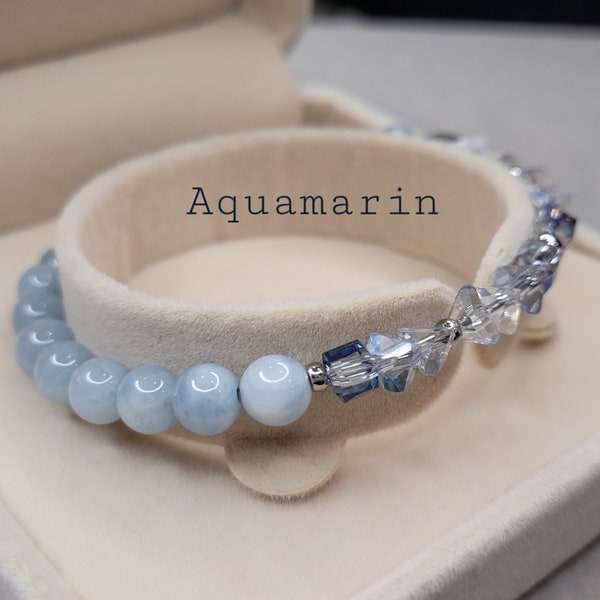 Monatsstein Aquamarin Armband mit Facettenschliff Galvanisieren Glasperlen/ Edelstahlarmband, Geschenk, März