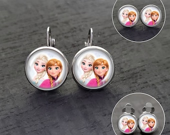 Stainless steel cabochon earrings for children with Anna and Elsa