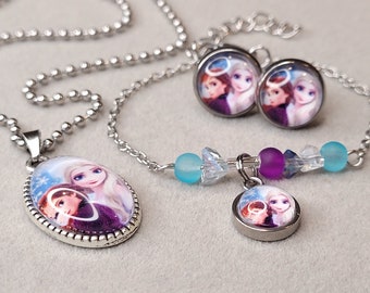 Stainless steel stud earrings, necklace or bracelet for children with Anna and Elsa