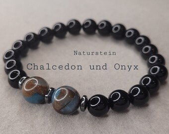 Onyx armband met 10 mm natuurlijke chalcedoon, herenarmband, cadeau voor man, geboortesteen armband, verjaardagscadeau