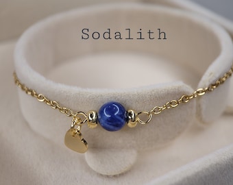 Bracelet sodalite plaqué or véritable 18 carats/pierre naturelle, talisman, bracelet fin, filigrane