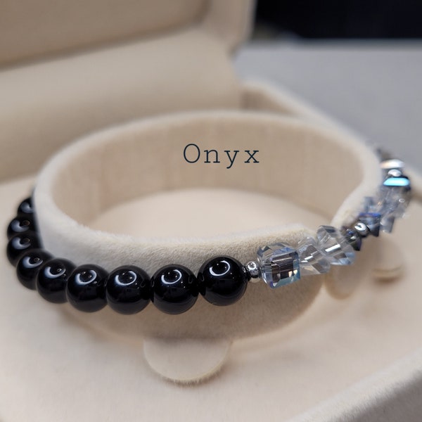 Monatsstein Onyx Armband mit Facettenschliff Galvanisieren Glasperlen/ Edelstahlarmband, Geschenk, Februar