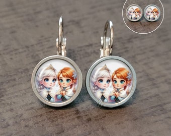 Stainless steel earrings for children with Anna and Elsa, Ice Kings, gift