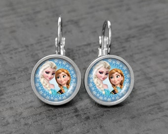 Stainless steel cabochon earrings for children with Anna and Elsa, Frozen, ice kings, gift