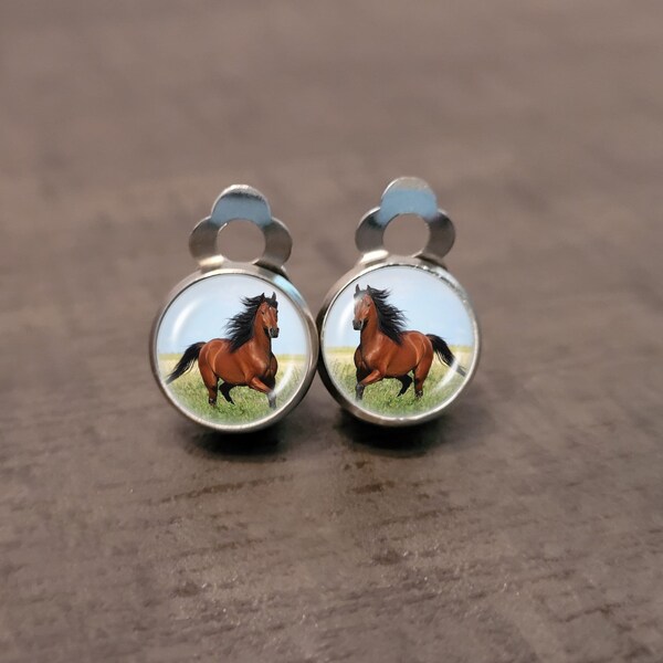 Stainless steel cabochon earrings/horse, gift