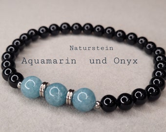 Onyx bracelet with 8 mm natural aquamarine, men's bracelet, gift for husband, birthstone bracelet, birthday gift