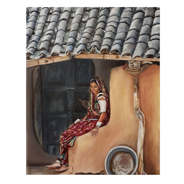 Indian Girl Woman Oil Painting Portrait Print Traditional Cultural Costume Floral Dress Sari Art Tin Roof House Realistic