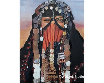 Bédouine d’Afrique du Nord Peinture à l’huile Portrait Imprimer Affiche Costume culturel traditionnel Perles Robe Écharpe Art Réaliste Visage Désert