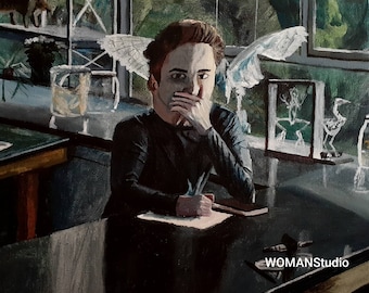 May include: A painting of a person sitting at a table with their hand over their mouth. The person is wearing a black shirt and has brown hair. There are several objects on the table, including a glass jar, a framed picture, and a book. The background is a dark green and blue.