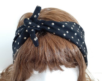 Retro Rockabilly Dolly Bow Headband Black with Shiny Gold Polka Dots for Women Hair Fashion Head Scarf Turban Elastic Workout Design Bandana