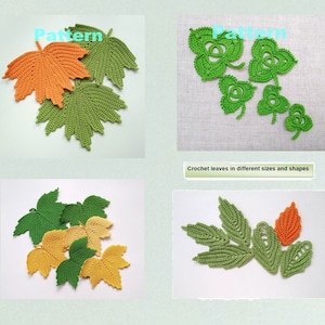 4 gehäkelte Blumen Untersetzer Ahornblätter Kleeblätter in verschiedenen Formen und Größen PDF MUSTER, irische Häkelanleitung englisch