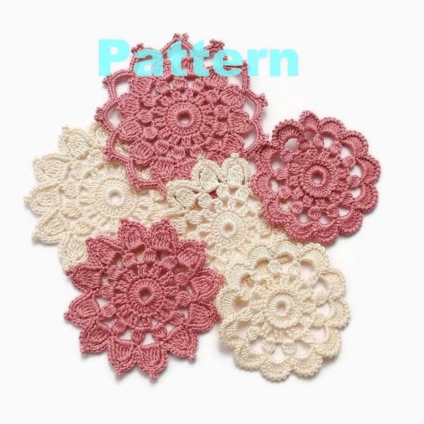 Crochet round floral motifs PATTERN, Irish crochet written pattern, flower applique set tutorial, English