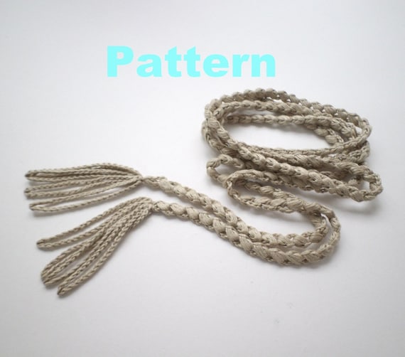 Thin linen belt with tassel, crochet pattern, English