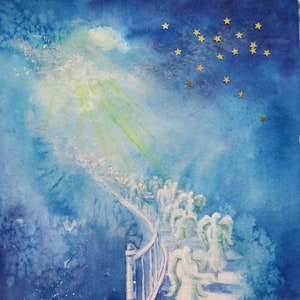 May include: A watercolor painting of a stairway to heaven with a bright light shining down from the clouds. The stairway is lined with angels ascending to the light. The background is a blue sky with gold stars.