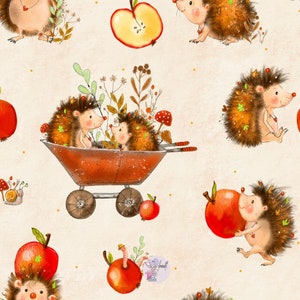Könnte beinhalten: Ein nahtloses Muster mit niedlichen Comic-Igeln mit braunem Fell und roten Äpfeln. Einige Igel tragen Äpfel, während andere in einer Schubkarre fahren. Der Hintergrund ist hellbeige mit braunem und grünem Laub.