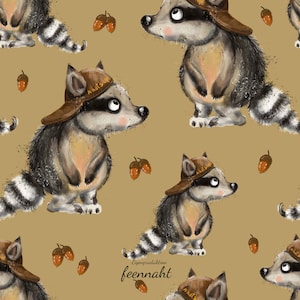 Könnte beinhalten: Ein nahtloses Muster mit Cartoon-Waschbären, die braune Baseballkappen mit dem Text "What's Up" tragen. Die Waschbären stehen auf einem braunen Hintergrund mit braunen Eicheln, die überall verstreut sind.