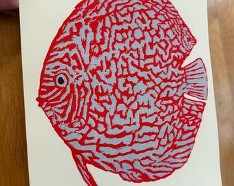 Stampa artistica del re dei pesci Discus d'acqua dolce / Per gli amanti degli acquari / Stampa Risograph in edizione limitata