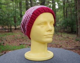 Hand Knit Striped Y2K Beanie Hat Red Tan Pom Pom Winter Warm  display picture 2