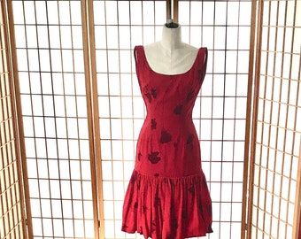 VINTAGE Amazing ruffled Handmade Bright RED Velvet dress with Roses size small / extra small