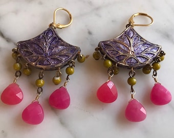 Artisan Art Nouveau Style Pink Dangle Glass and Rhinestone drop purple Fan Shaped Pierced Earrings