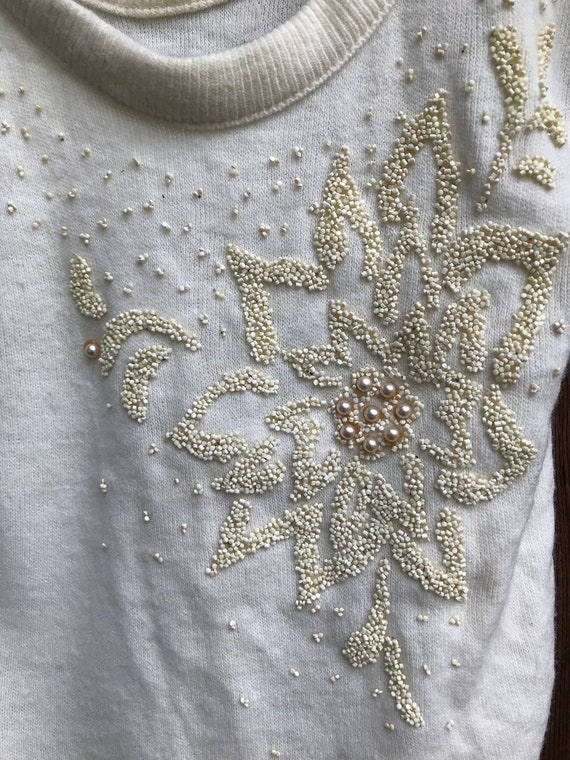 Vintage Beaded Faux Pearl White Acrylic Sweater P… - image 1
