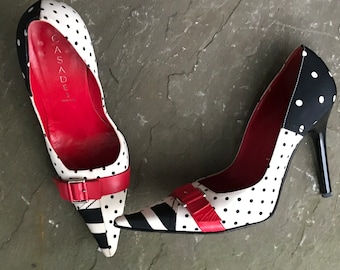 Vintage polka dot pumps size 5 Italy casadei red strap striped black and white heels