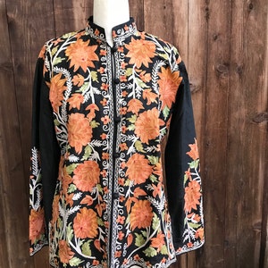 Gorgeous Kashmiri raw silk Embroidered Black & Orange  Nehru Collar coat unisex custom made