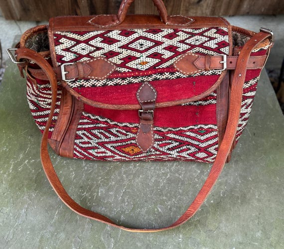 Handmade Moroccan Kilim Travel Carpet Bag Leather trim Distressed