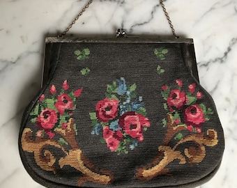 Antique Floral Tapestry Handbag with chain and Frame Roses