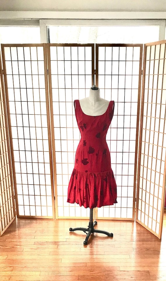 VINTAGE Amazing ruffled Handmade Bright RED Velvet