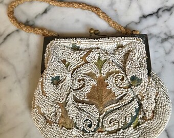 Vintage French beaded embroidered purse small handmade unique hard frame kiss closure