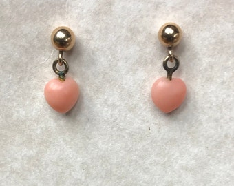 Tiny Hearts 14K gold Angel skin Salmon Coral pierced Post Vintage Earrings