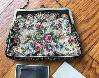 Vintage Needlepoint French Petit Antique Tapestry Art Deco Floral Purse Rhinestone and chain