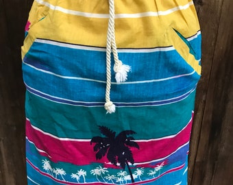 Vintage Pure cotton Palm Trees striped drawstring  skirt Retro Italian size small with pockets 1970"s