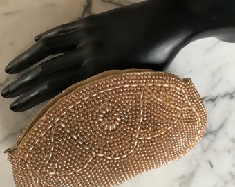 Vintage faux pearl beaded wristlet zipper purse made in Japan