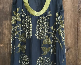 Boho style top silk and velvet with floral sequins olive green and black size XS Blouse Top Tunic