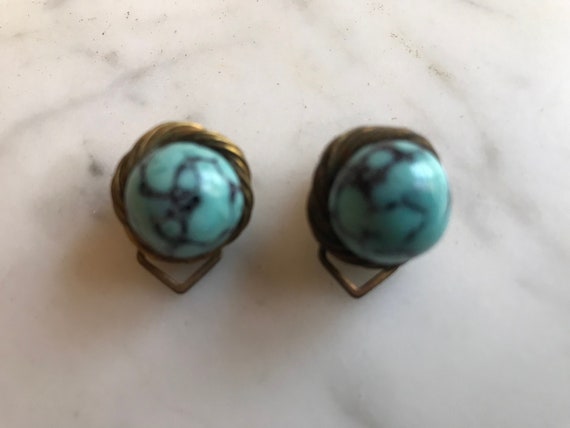 Art Glass Turquoise color Vintage Round Clip on E… - image 1