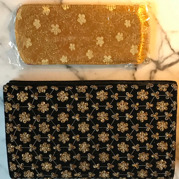 Vintage Velvet clutch dark blue with gold and silver embellished flowers plus new gold eyeglass case