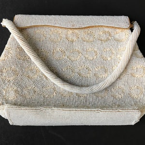 Vintage beaded bag made in Hong Kong gold frame floral design satin lining