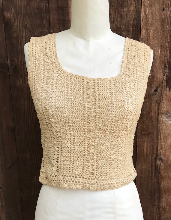 Vintage Crochet Crop top small beige handmade boho