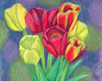 Soft pastel floral still life drawing, Yellow and red flowers in a vase artwork, Traditional tulips illustration, Original A4 fine art