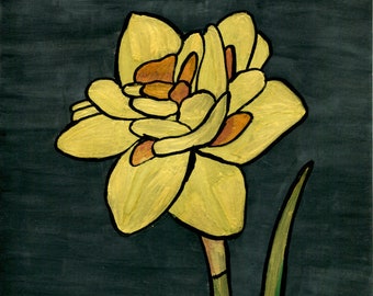 Metallic yellow spring flower painting, Double wild daffodil art, Floral motif artwork, Botanical illustration, Original A4 size fine art