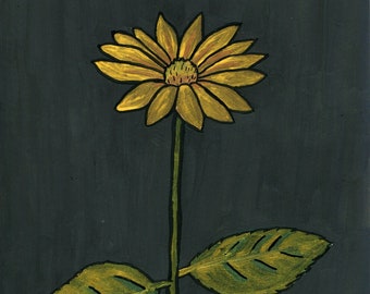 Metallic yellow summer flower painting, Botanical motif wall decor, Rough oxeye plant illustration, Original A4 fine art, Small size artwork