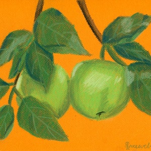 Disegno di un ramo di mela verde pastello, Illustrazione di un albero da frutto, Originale arte in formato A4, Piccola opera d'arte botanica, Arazzo con motivo vegetale