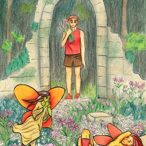Puede incluir: Una ilustración colorida de un hada con alas naranjas y un vestido verde, un hada con alas rojas y un taparrabos marrón, y una persona sosteniendo un ramo de flores de pie frente a un arco de piedra.