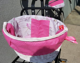 Wicker basket Saddle cover + handlebars cover pink ballerina dolls