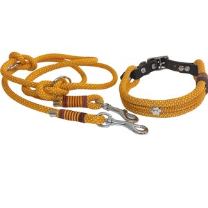 Leine Halsband Set, Tau 10 mm, verstellbar, gelb, orange, braun, mit Leder und Schnalle
