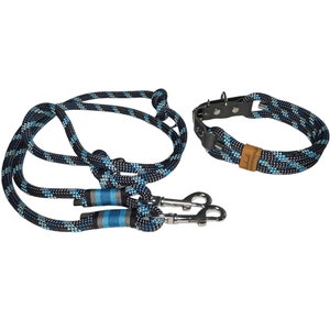 Leine Halsband Set, Tau 10 mm, verstellbar, schwarz, dunkelgrau, petrol, hellblau, mit Leder und Schnalle